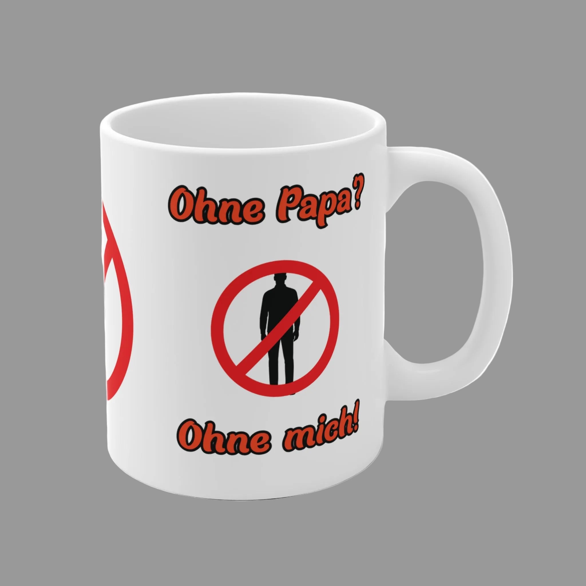 Weiße 300-ml-Keramiktasse mit dem lustigen Spruch „Ohne Papa? Ohne mich!“ und einem roten Verbotszeichen als humorvolles Geschenk für Väter.