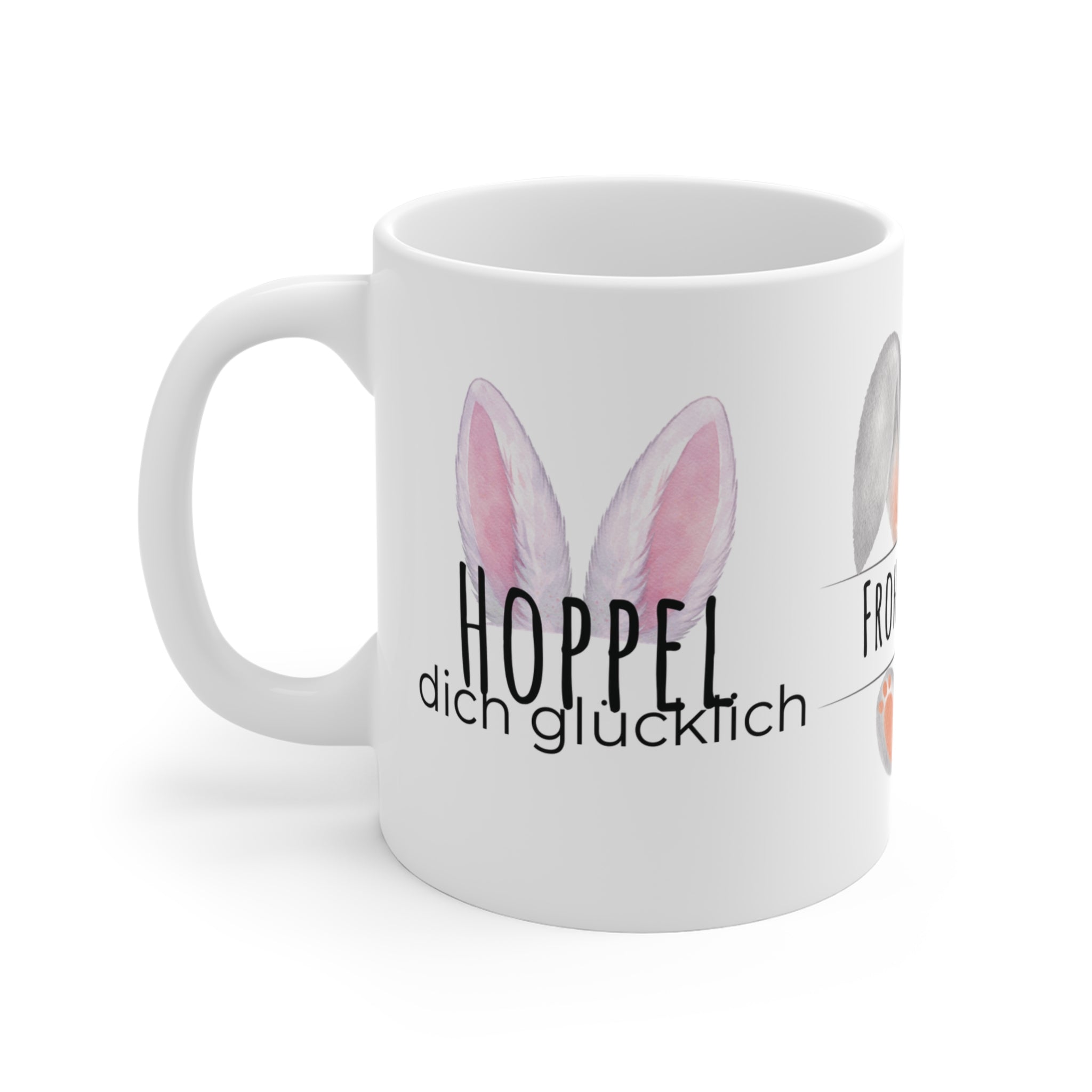 Ostertasse "Hoppel dich glücklich" – Lustige Keramiktasse mit Hasenohren | 300 ml Geschenk zu Ostern