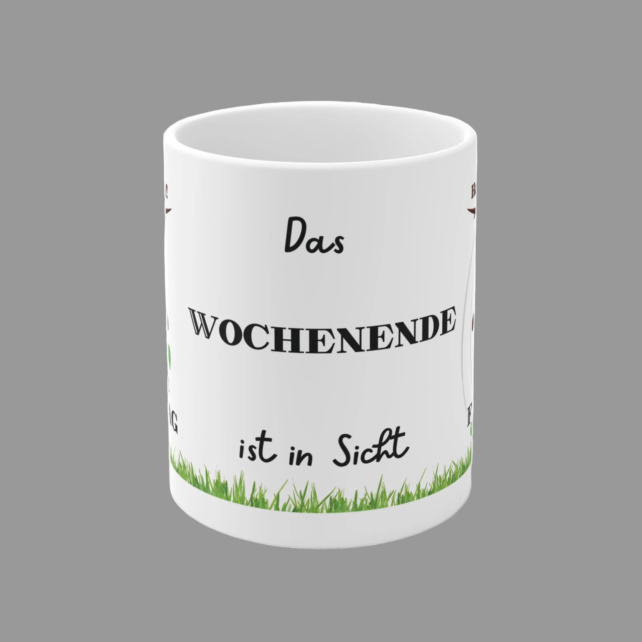 Weiße 330 ml Keramiktasse mit einer niedlichen Katze, die an einem Ast hängt, und dem Spruch „Halte durch, es ist bald Freitag“ – lustige Tasse für Büro und Katzenfans.