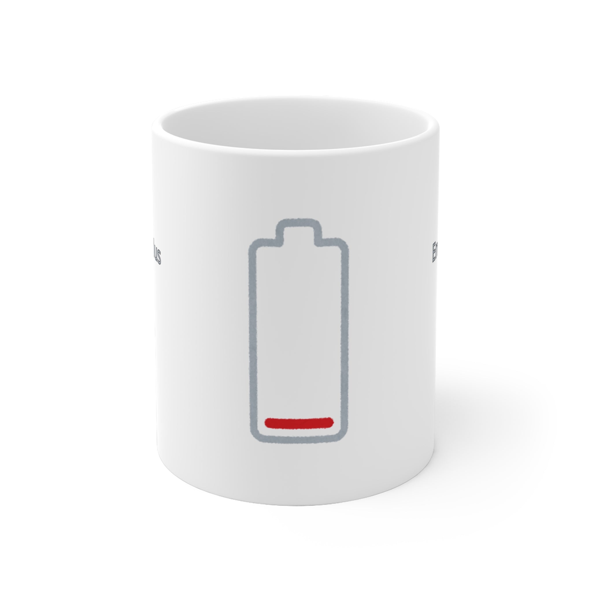 Weiße 300-ml-Keramiktasse mit dem Spruch „Montag im Energiesparmodus“ und einem fast leeren Batteriesymbol – lustige Bürotasse für den Wochenstart.