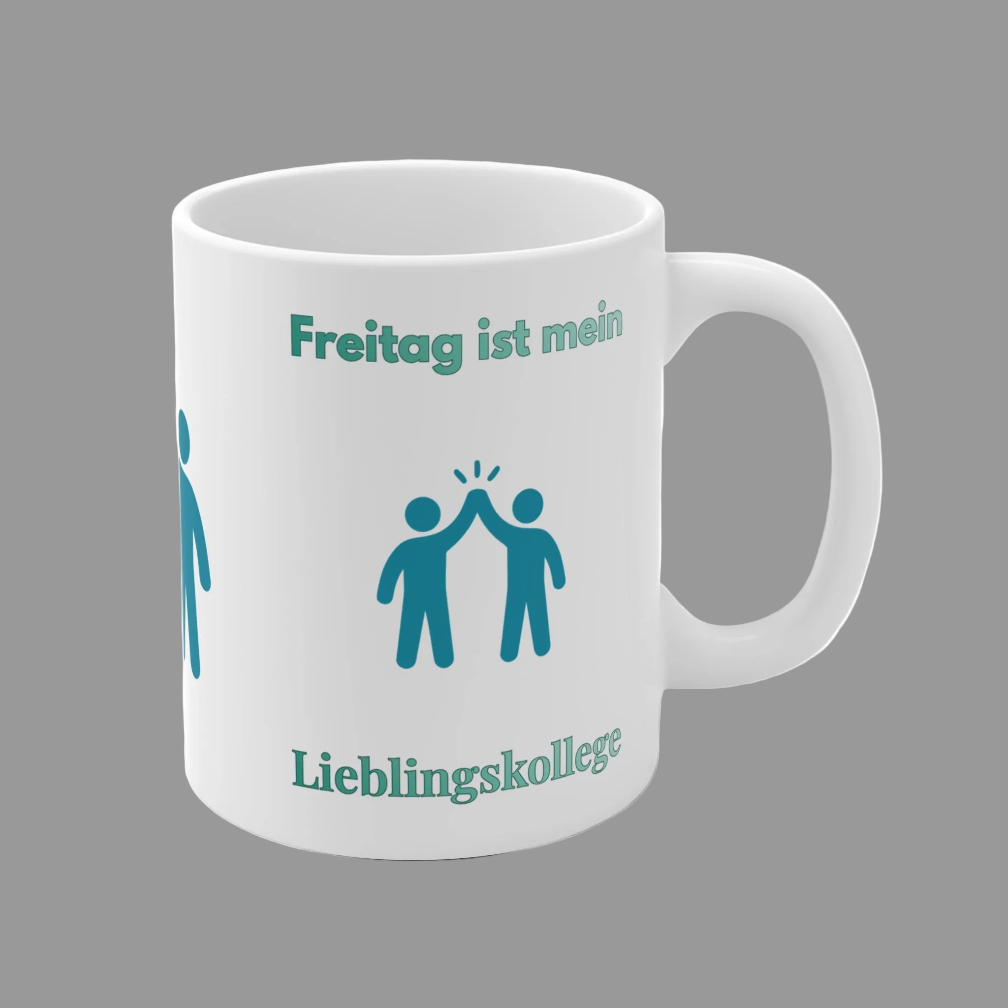Weiße 300-ml-Keramiktasse mit High-Five-Symbol und dem Spruch „Freitag ist mein Lieblingskollege“ – lustige Bürotasse als Geschenk für Kollegen und Kolleginnen.