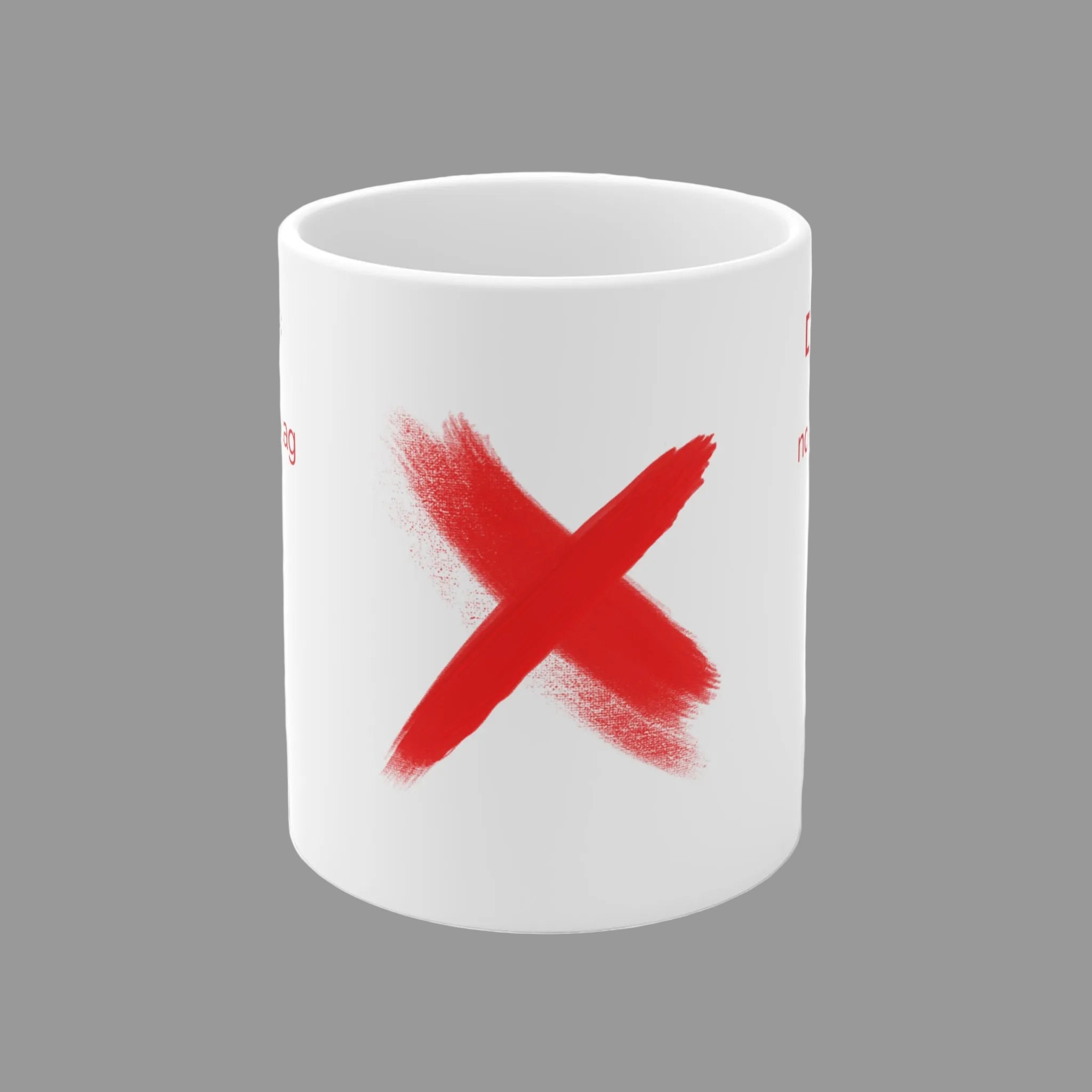 Weiße 300-ml-Keramiktasse mit dem humorvollen Spruch „Dienstag = noch nicht Freitag“ und einem roten X als witziges Büro- und Homeoffice-Geschenk.