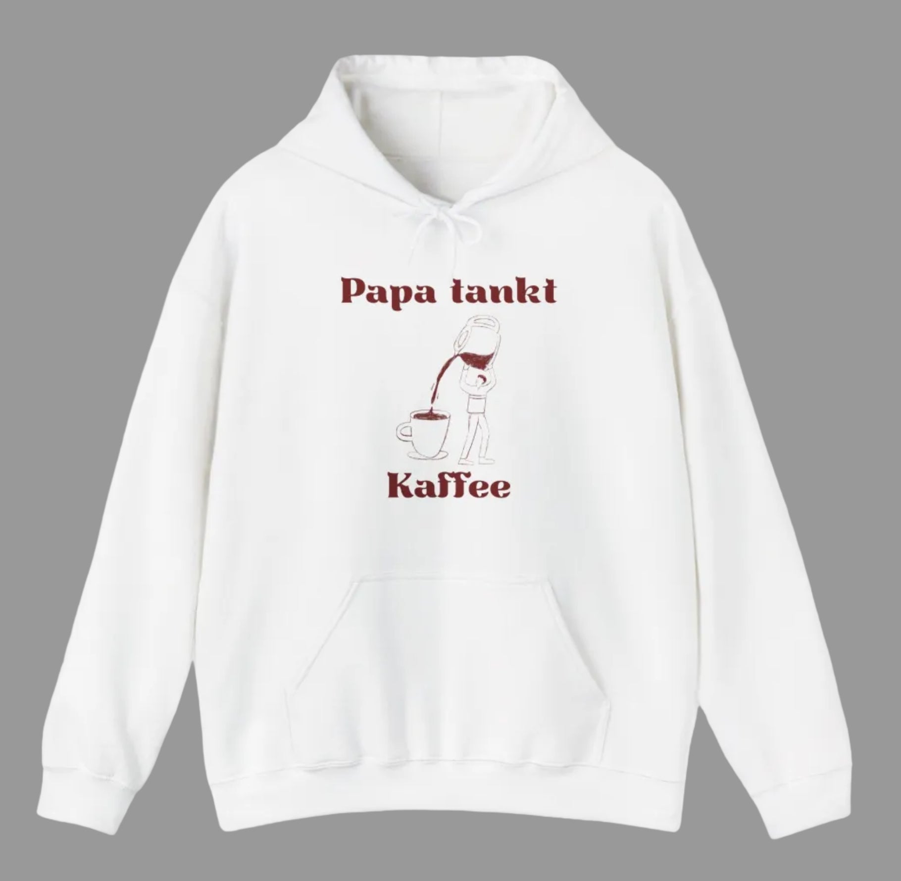 Weißer Hoodie mit dem Spruch „Papa tankt Kaffee“ und einer Illustration einer Kaffeekanne, die Kaffee in eine Tasse einschenkt.