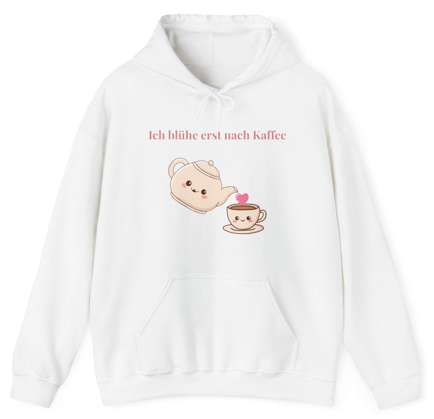Weißer oder schwarzer Unisex Hoodie mit dem Spruch „Ich blühe erst nach Kaffee“ sowie niedlicher Kaffeekanne und Tassen-Illustration für Kaffeeliebhaber.