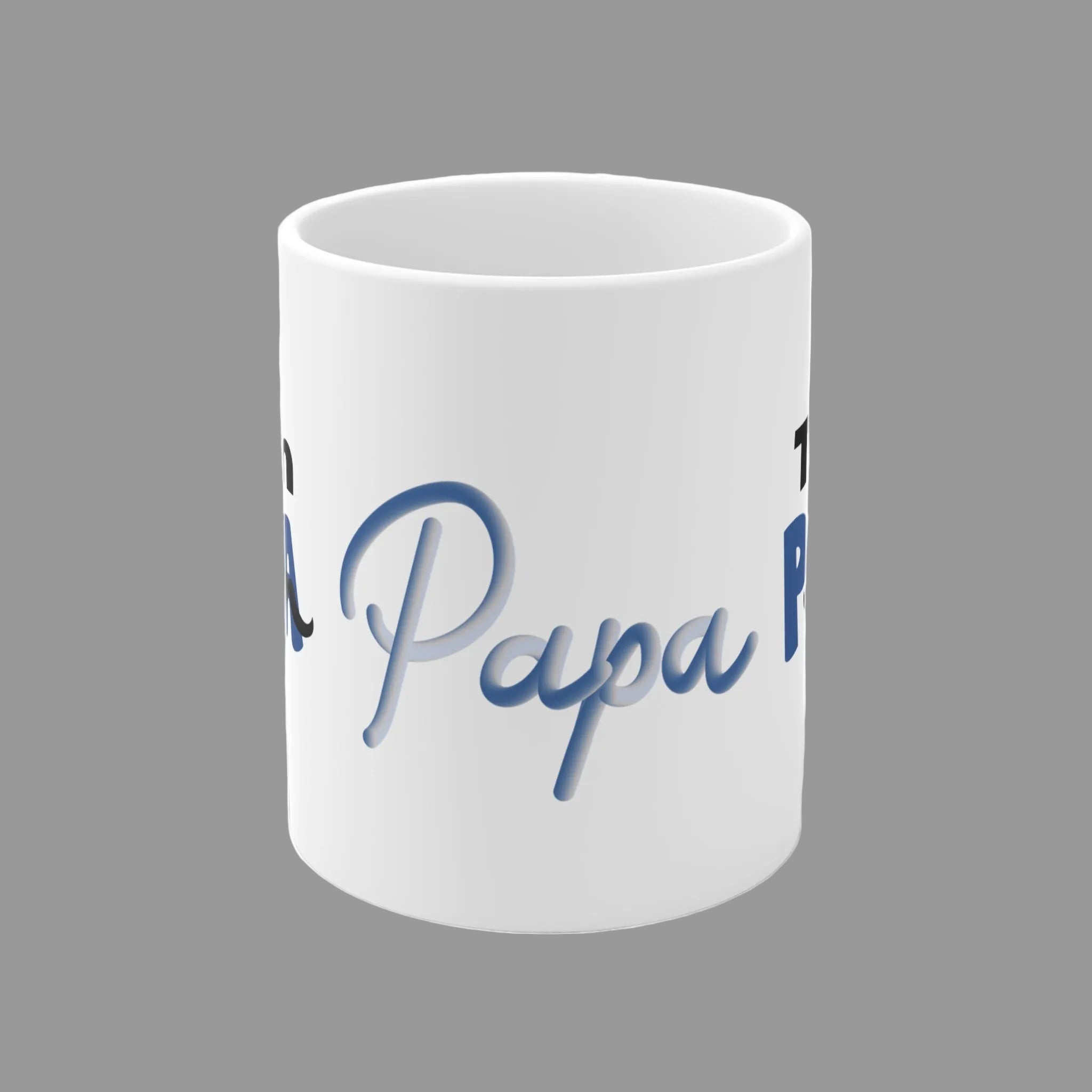 Weiße 300-ml-Keramiktasse mit dem Schriftzug „Team Papa“ in Blau und Schwarz sowie dekorativen Schnurrbart-Motiven – modernes Geschenk für Väter.