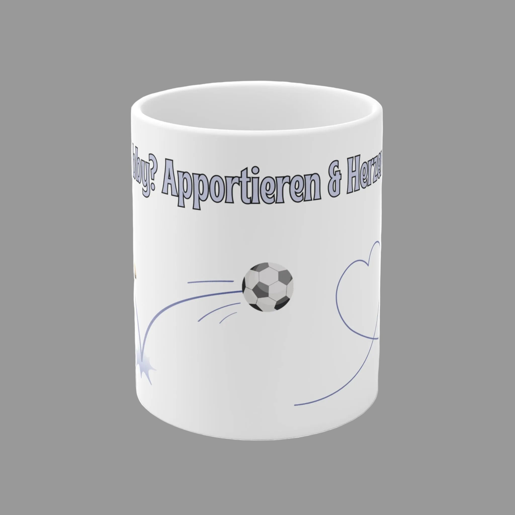 Weiße 330 ml Keramiktasse mit dem Spruch „Mein Hobby? Apportieren & Herzen klauen“, einem niedlichen Hund, Herz- und Pfotenmotiv – Geschenk für Hundeliebhaber.