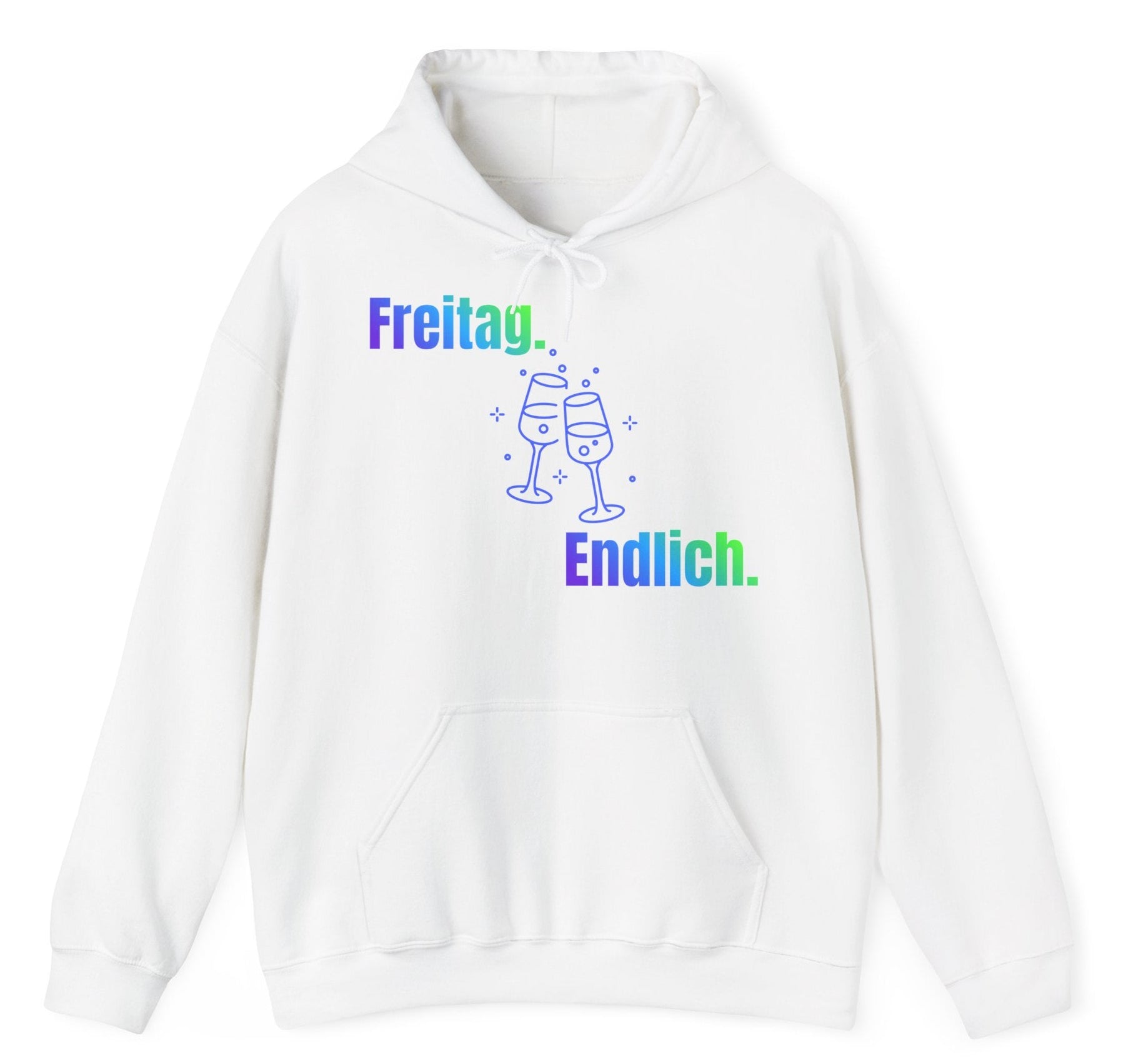 Weißer Hoodie mit dem Spruch „Freitag. Endlich.“ und einer Illustration von zwei anstoßenden Weingläsern.