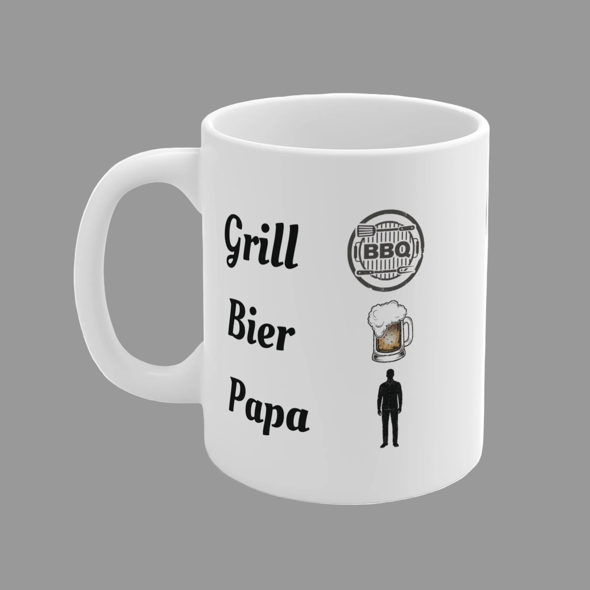 Weiße 300-ml-Keramiktasse mit dem Schriftzug „Grill Bier Papa“, BBQ-Symbol, Bierkrug und Papa-Silhouette – lustige Geschenkidee für Grillfans.
