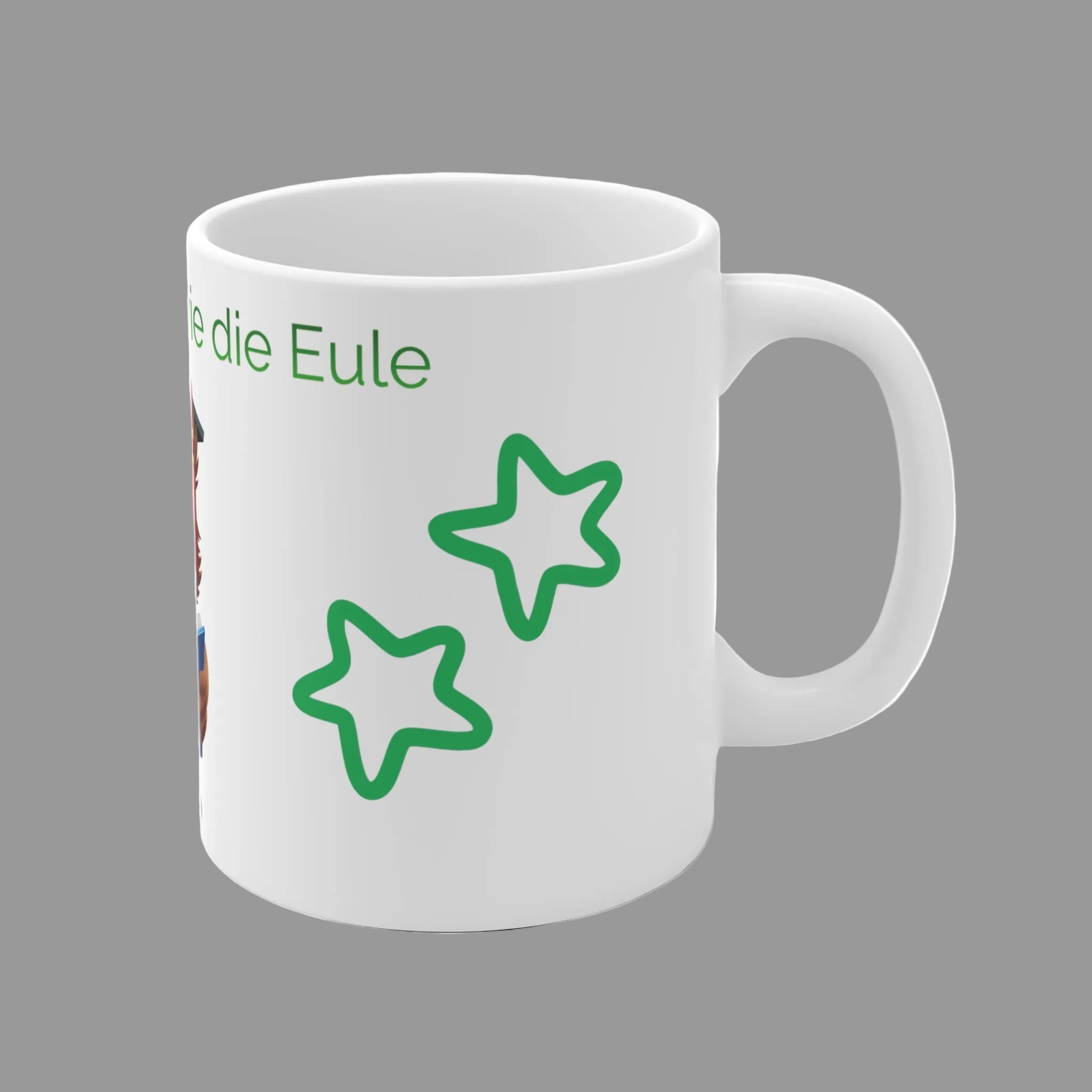 Weiße 330 ml Keramiktasse mit einer niedlichen Eule im Doktorhut, die ein Buch liest, und dem Spruch „Bleib weise – wie die Eule“ – motivierende Geschenktasse für Lehrer, Schüler und Bücherfans.