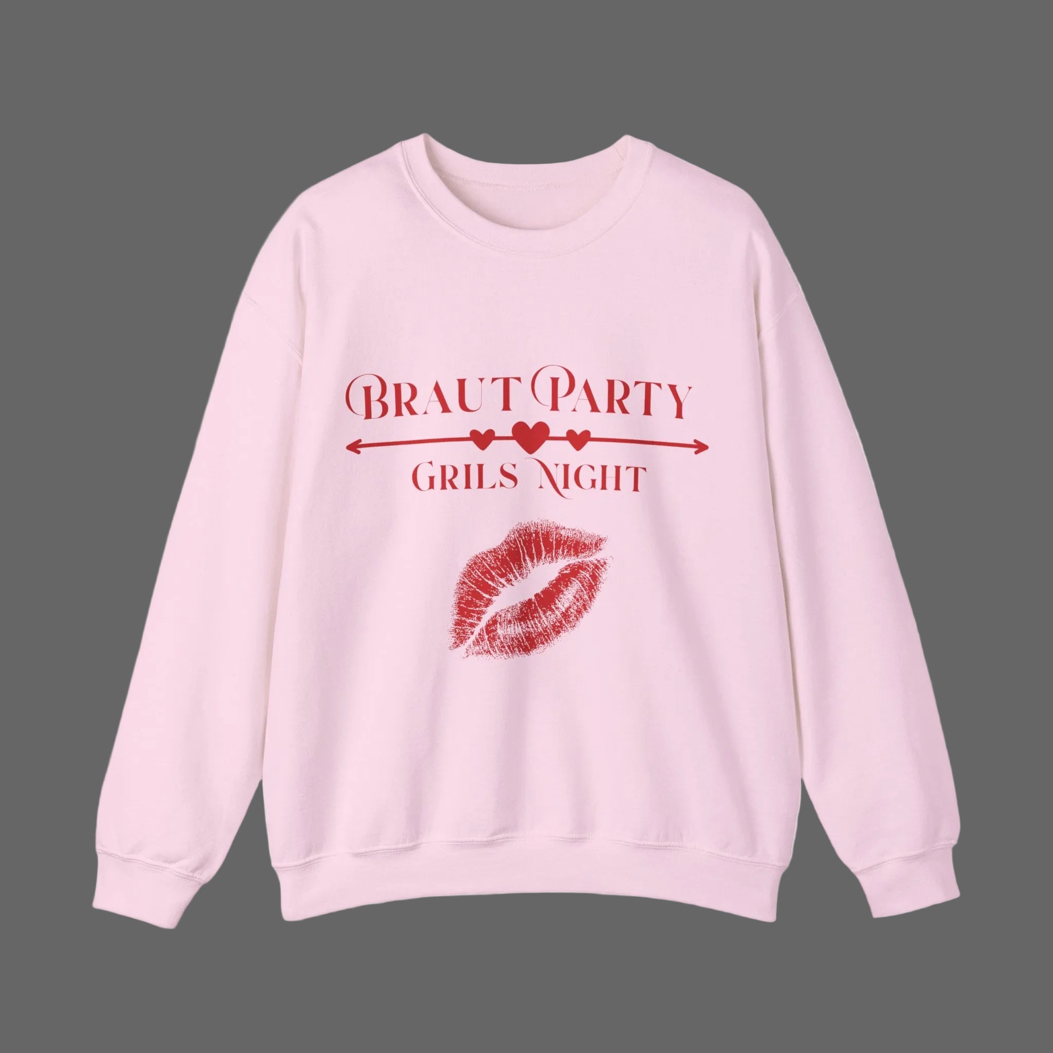 Weißes Unisex Sweatshirt mit dem Schriftzug „Braut Party Girls Night“, Herzpfeil und rotem Lippenstift-Kussmund – ideales Outfit für den Junggesellinnenabschied.