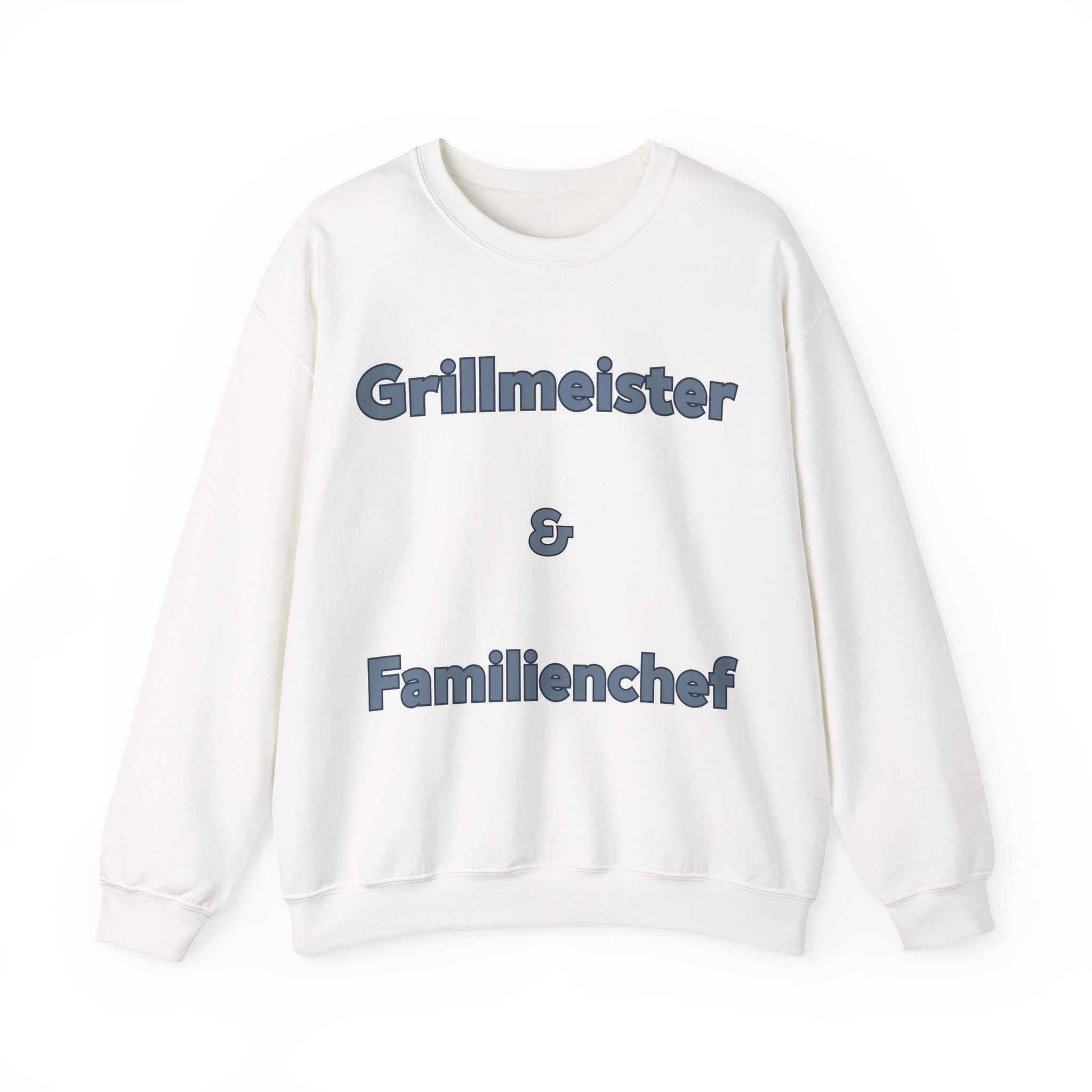 Weißes oder aschgraues Unisex Sweatshirt mit dem Spruch „Grillmeister & Familienchef“ als Geschenkidee für Papa, Grillfans und Familienmenschen.