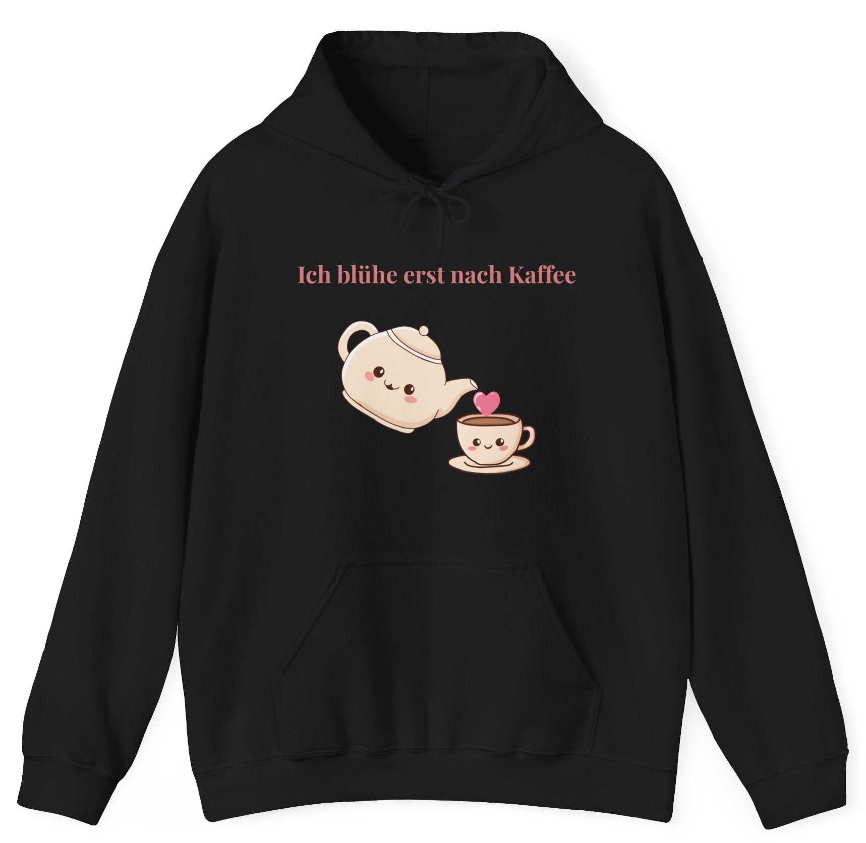 Weißer oder schwarzer Unisex Hoodie mit dem Spruch „Ich blühe erst nach Kaffee“ sowie niedlicher Kaffeekanne und Tassen-Illustration für Kaffeeliebhaber.