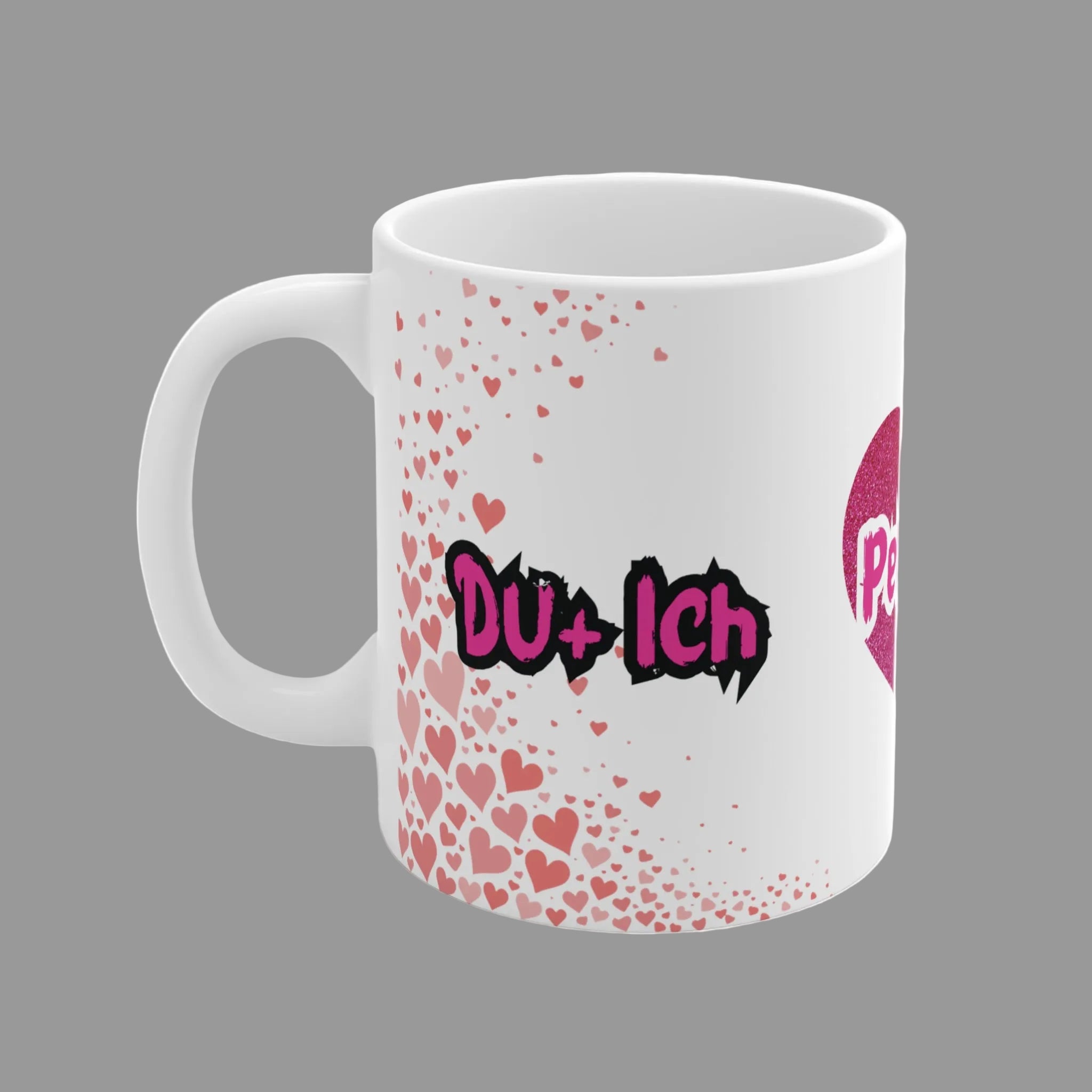 Weiße 330 ml Keramiktasse mit rosa Glitzerherz und den Schriftzügen „Du + Ich“, „Ich + Du“ und „Perfekt“ – romantisches Geschenk für Paare und Verliebte.