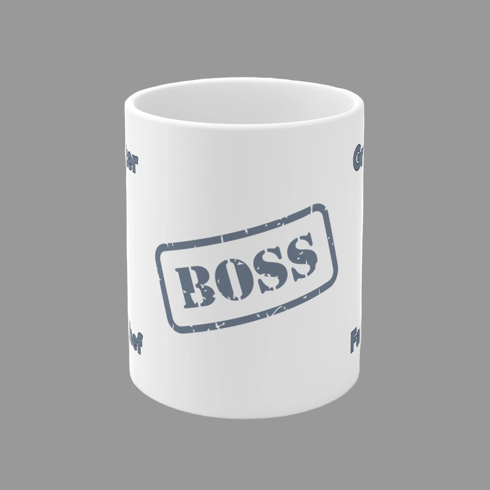 Weiße Keramiktasse mit dem Schriftzug „Grillmeister & Familienchef“ und einem grauen „BOSS“-Stempel – 300-ml-Tasse für Grillfans und Papas.