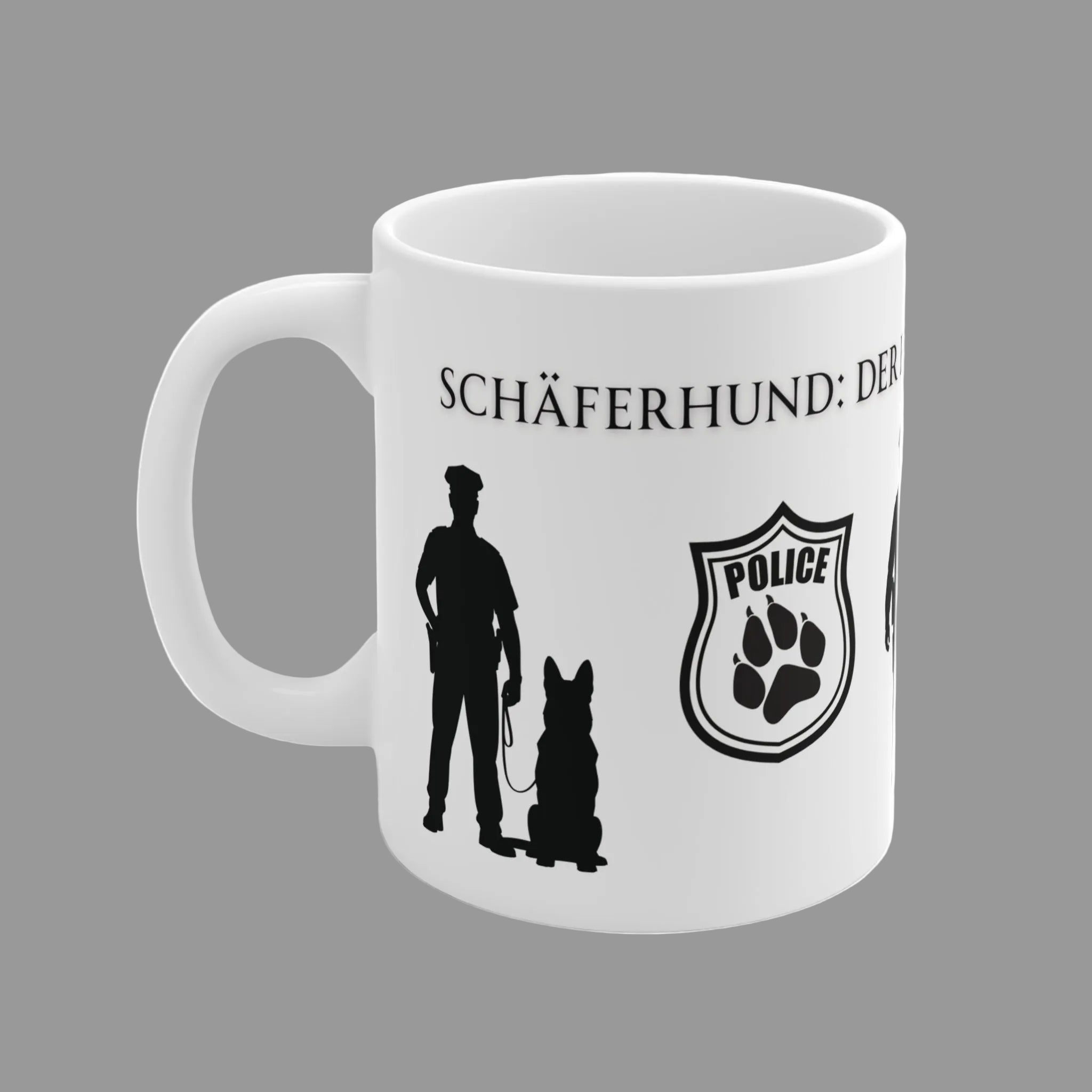 Weiße 330 ml Keramiktasse mit der Aufschrift „Der beste Kollege der Welt“, Polizeihund-Abzeichen sowie Silhouette eines Polizeibeamten mit Diensthund.
