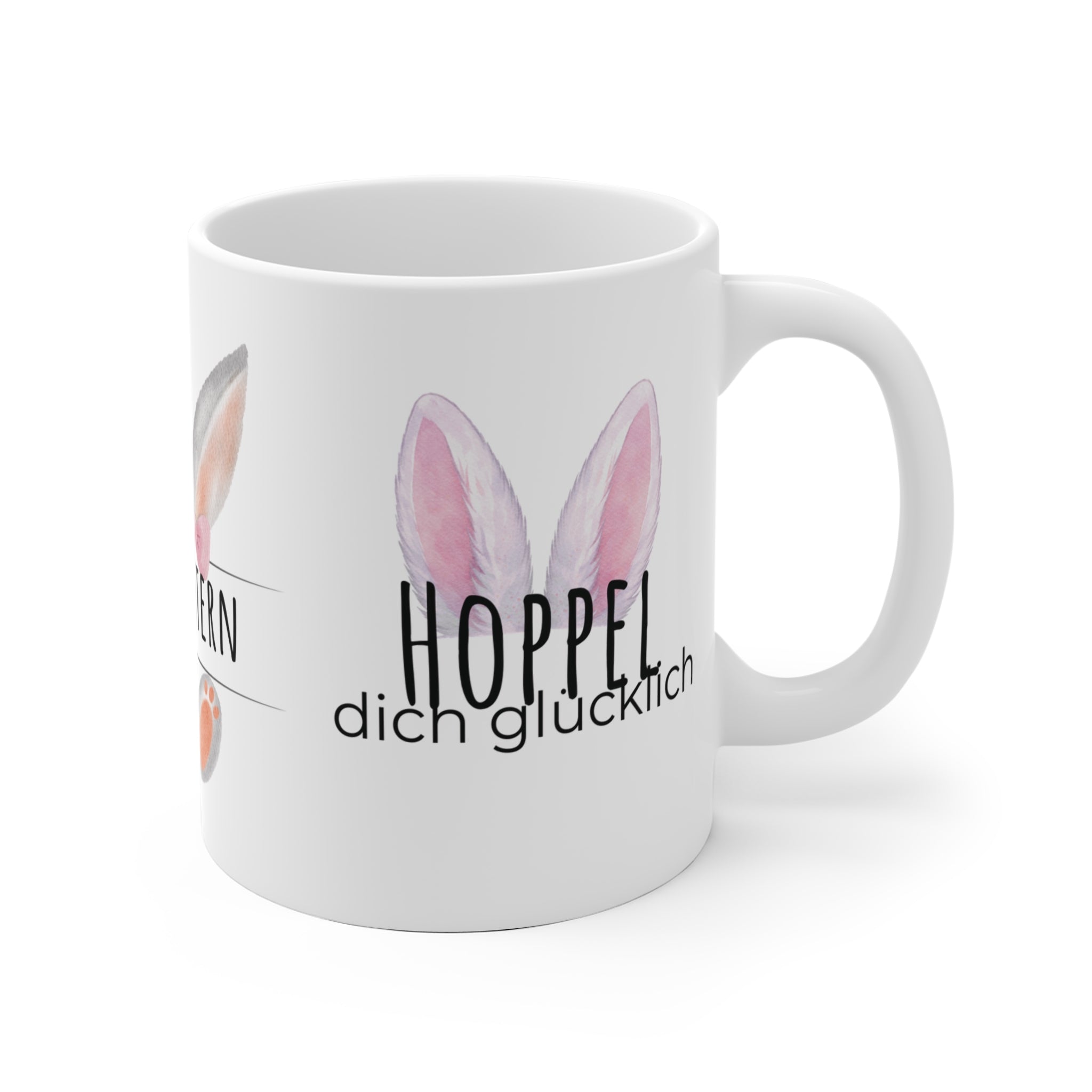 Ostertasse "Hoppel dich glücklich" – Lustige Keramiktasse mit Hasenohren | 300 ml Geschenk zu Ostern