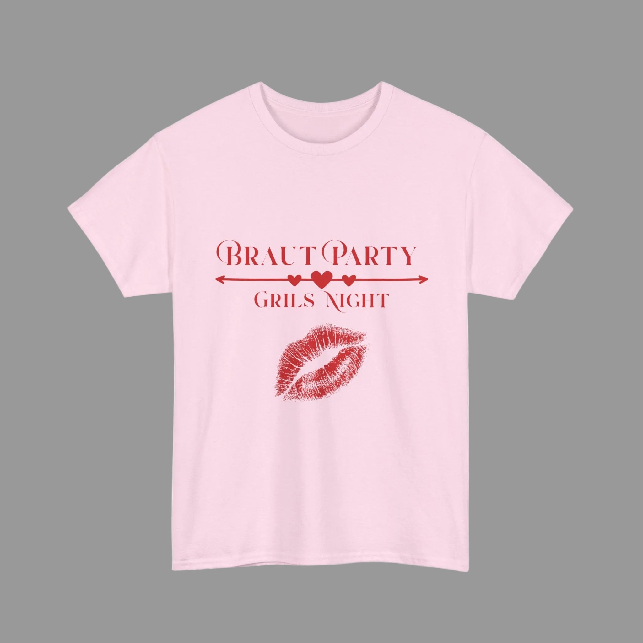 Weißes Unisex T-Shirt mit dem Schriftzug „Braut Party Girls Night“, Herzpfeil und rotem Lippenstift-Kussmund – ideales Outfit für den Junggesellinnenabschied.
