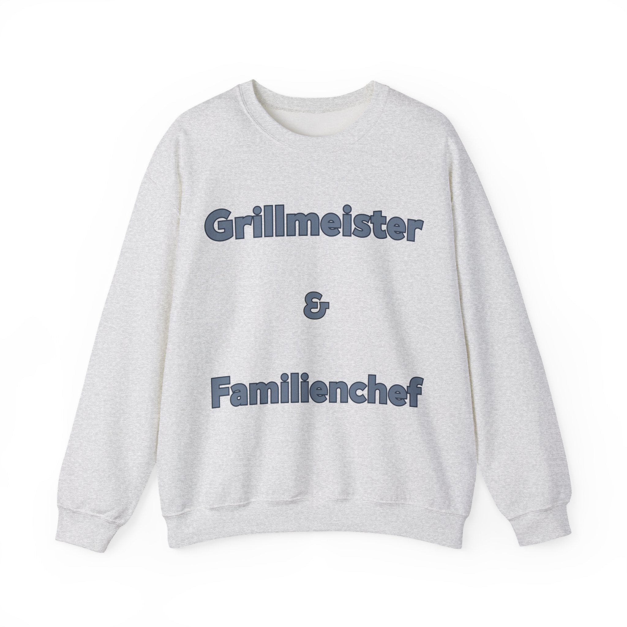Weißes oder aschgraues Unisex Sweatshirt mit dem Spruch „Grillmeister & Familienchef“ als Geschenkidee für Papa, Grillfans und Familienmenschen.