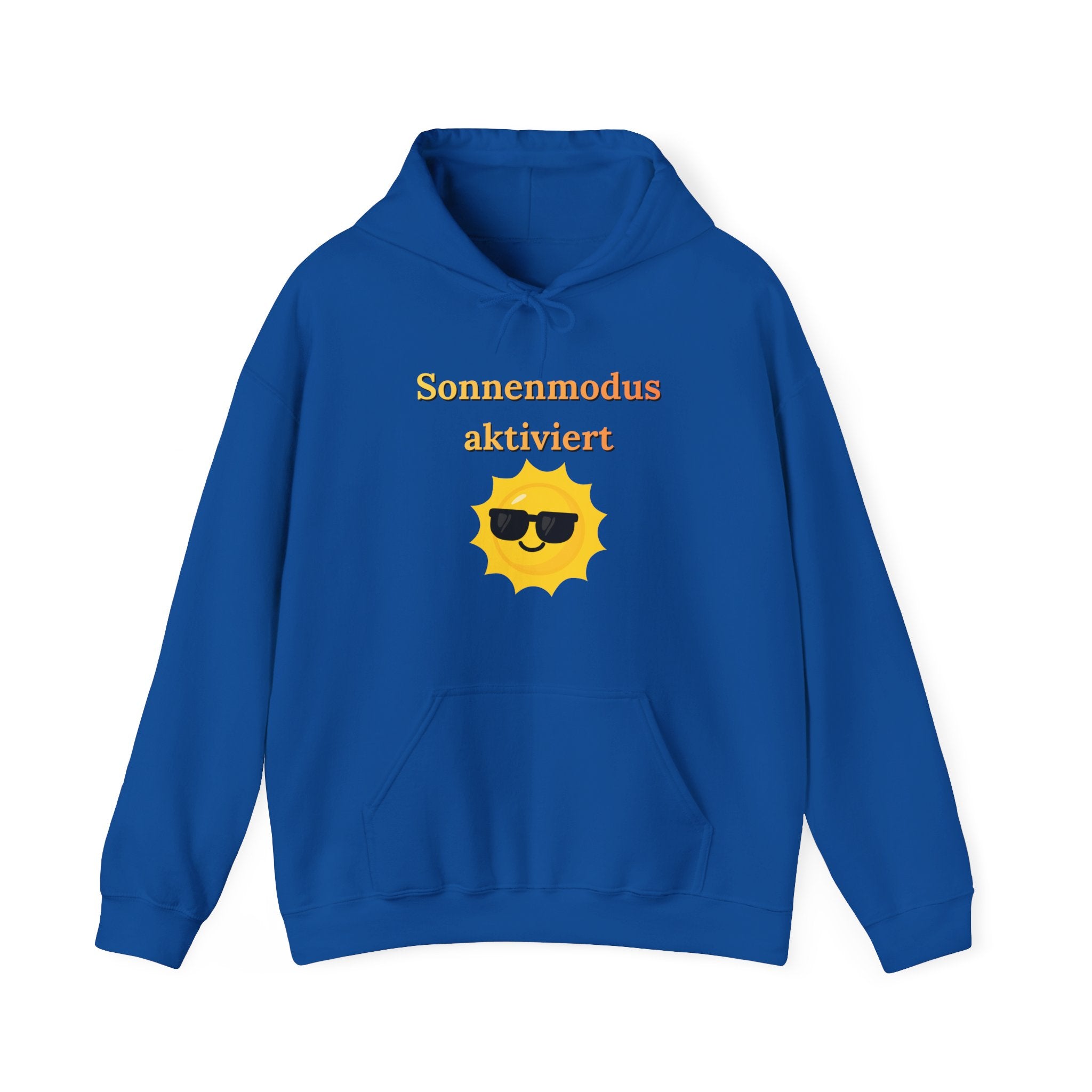 Weißer oder royalblauer Unisex Hoodie mit dem Aufdruck „Sonnenmodus aktiviert“ und fröhlichem Sonnenmotiv für Sommer, Urlaub und gute Laune.