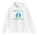 Weißer Hoodie mit dem Spruch „Freitag ist mein Lieblingskollege“ und einer humorvollen Illustration von zwei Personen beim High-Five.