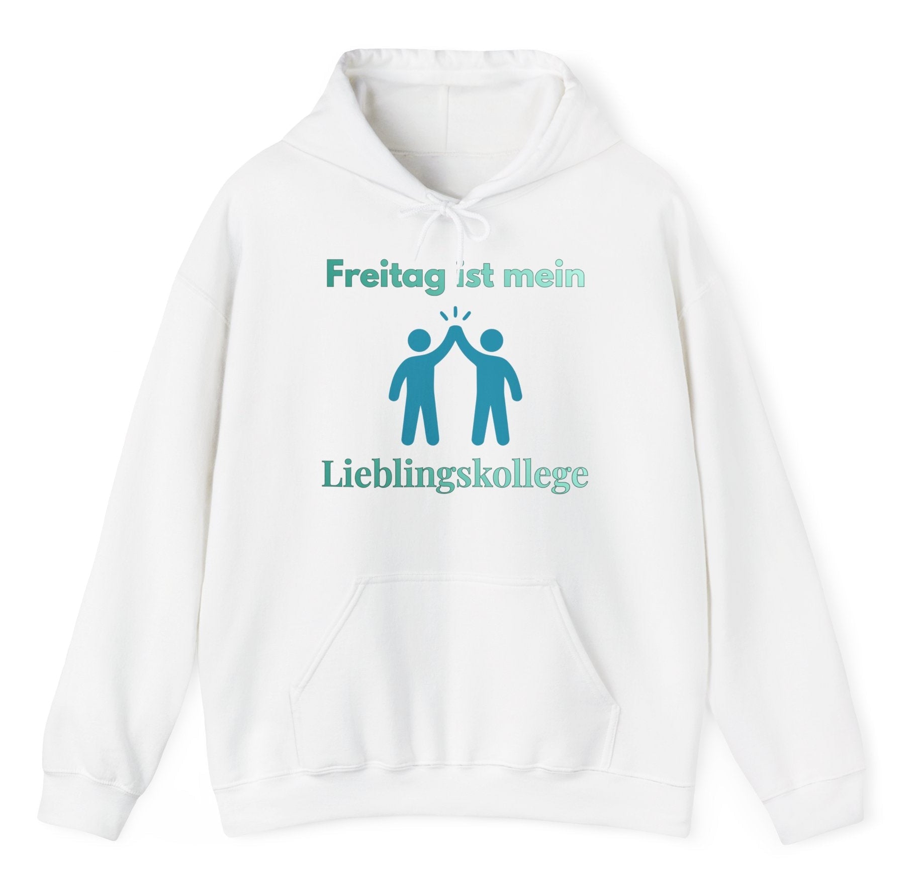 Weißer Hoodie mit dem Spruch „Freitag ist mein Lieblingskollege“ und einer humorvollen Illustration von zwei Personen beim High-Five.