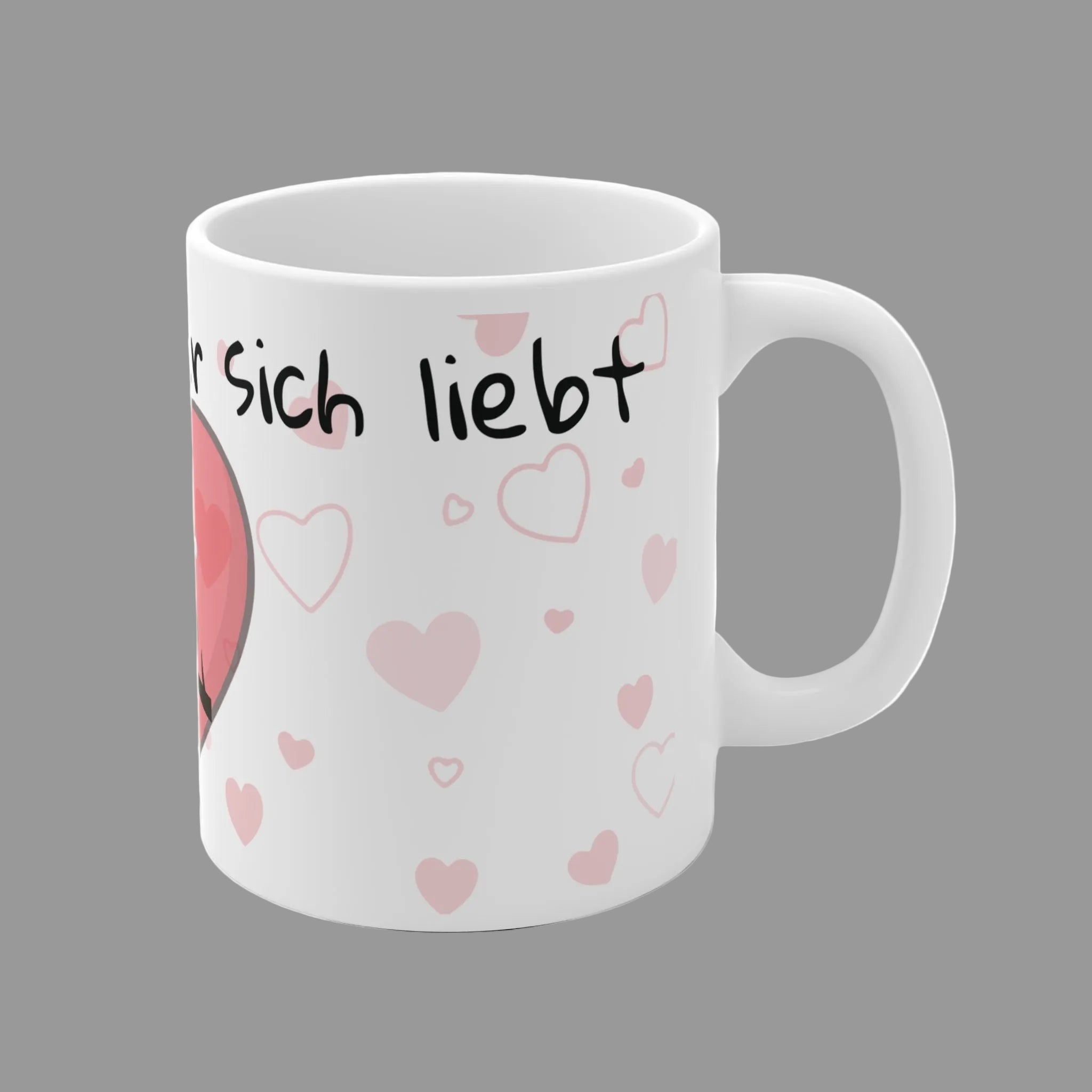 Weiße 330 ml Keramiktasse mit dem Spruch „Eulen sich, wer sich liebt“ sowie zwei niedlichen Eulen in einem rosa Herz – romantische Geschenktasse für Paare.