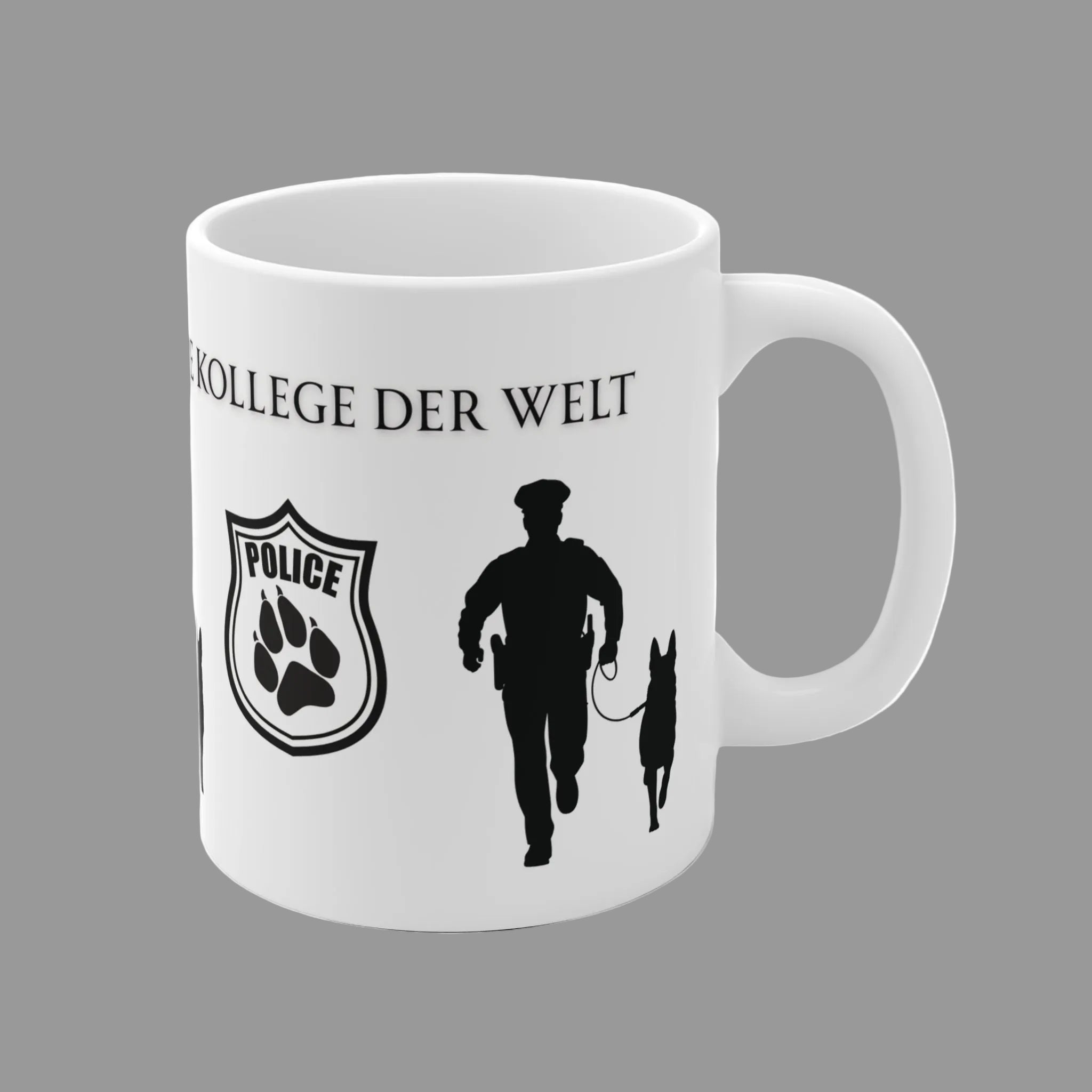 Weiße 330 ml Keramiktasse mit der Aufschrift „Der beste Kollege der Welt“, Polizeihund-Abzeichen sowie Silhouette eines Polizeibeamten mit Diensthund.