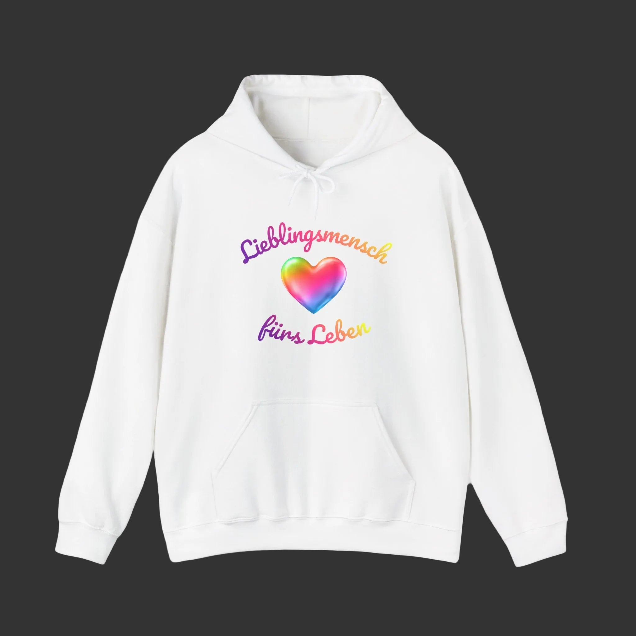 Weißer Unisex Hoodie mit buntem Herz und dem Schriftzug „Lieblingsmensch fürs Leben“ – romantisches Geschenk für Paare und Verliebte.