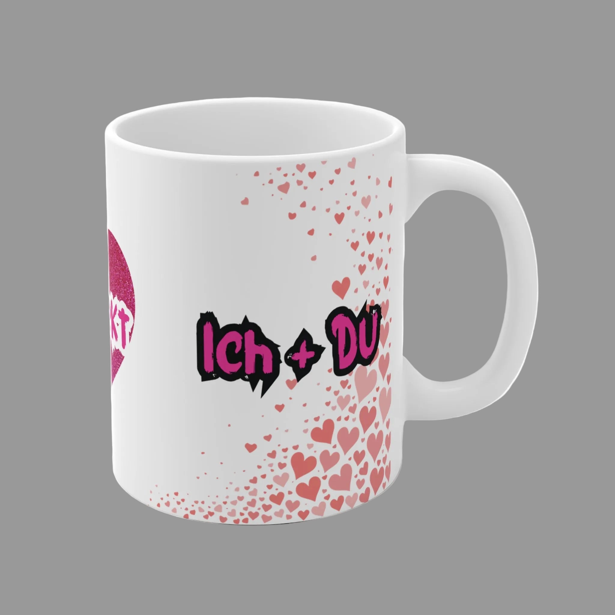 Weiße 330 ml Keramiktasse mit rosa Glitzerherz und den Schriftzügen „Du + Ich“, „Ich + Du“ und „Perfekt“ – romantisches Geschenk für Paare und Verliebte.