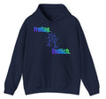 Navyblauer Hoodie mit dem Spruch „Freitag. Endlich.“ und einer Illustration von zwei anstoßenden Weingläsern.