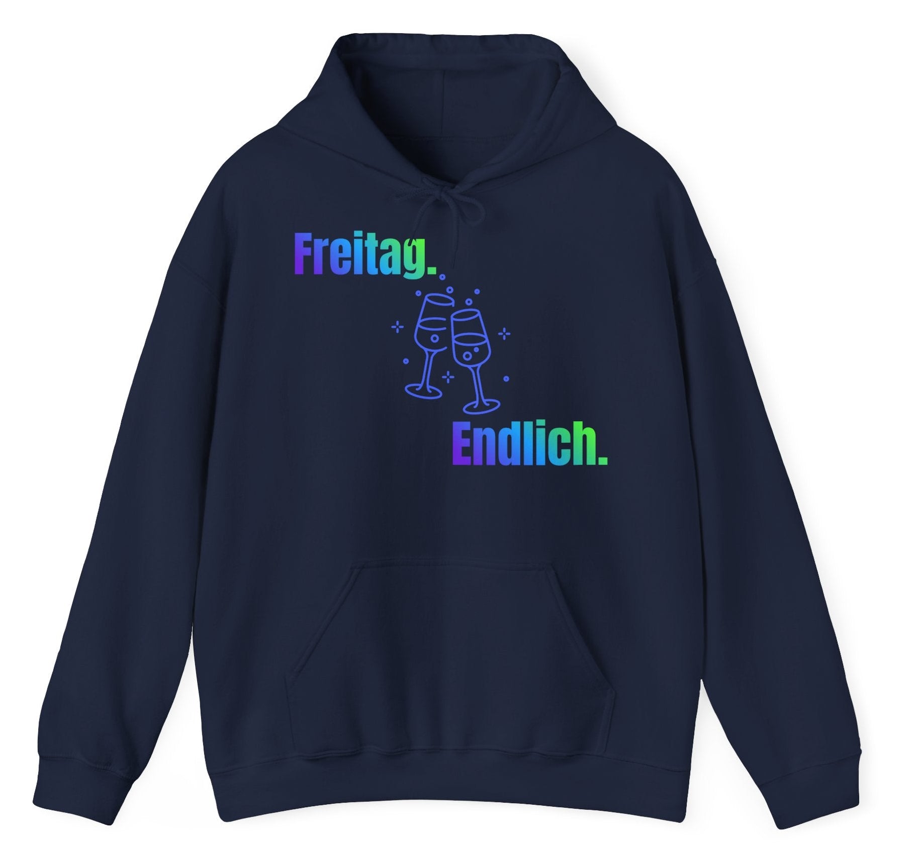 Navyblauer Hoodie mit dem Spruch „Freitag. Endlich.“ und einer Illustration von zwei anstoßenden Weingläsern.