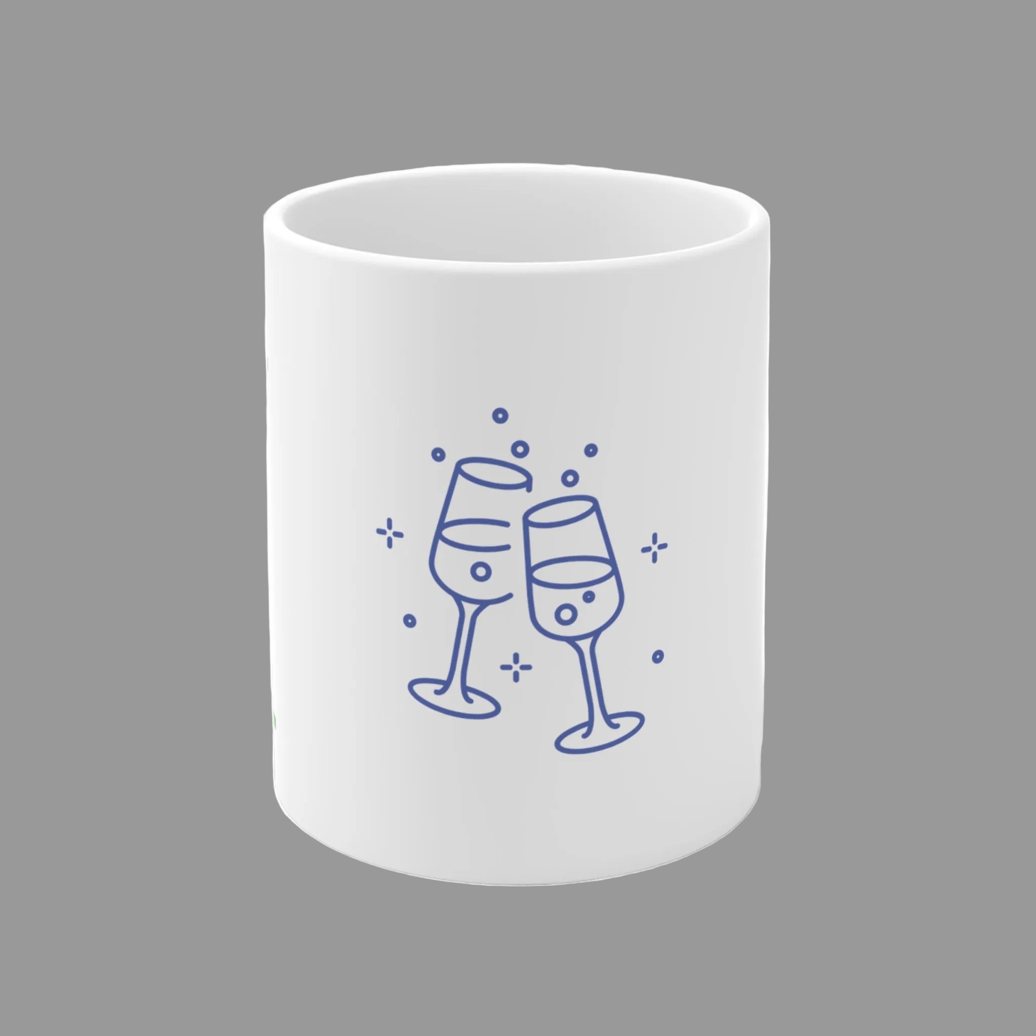 Weiße 300-ml-Keramiktasse mit dem Spruch „Freitag. Endlich.“ und zwei anstoßenden Gläsern – moderne Bürotasse für Feierabend und Wochenende.