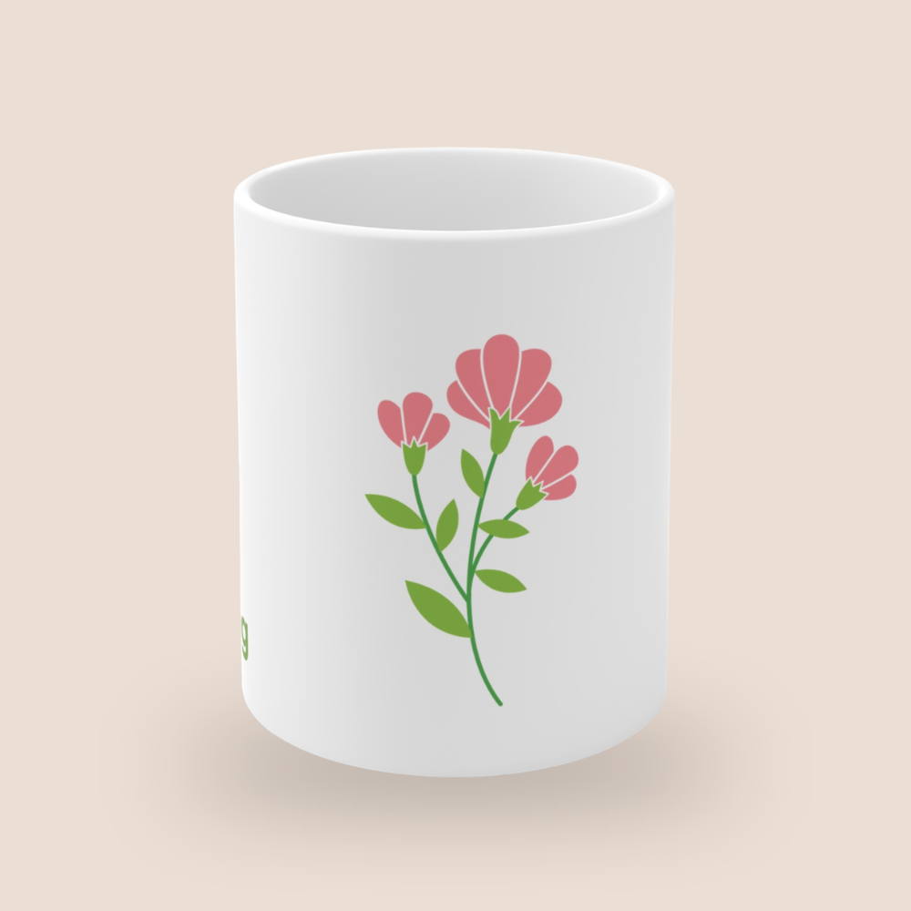 Weiße Keramiktasse mit dem Schriftzug „Hallo Frühling“ und einem zarten rosa Blumenmotiv – frühlingshafte 300-ml-Tasse für Kaffee oder Tee.