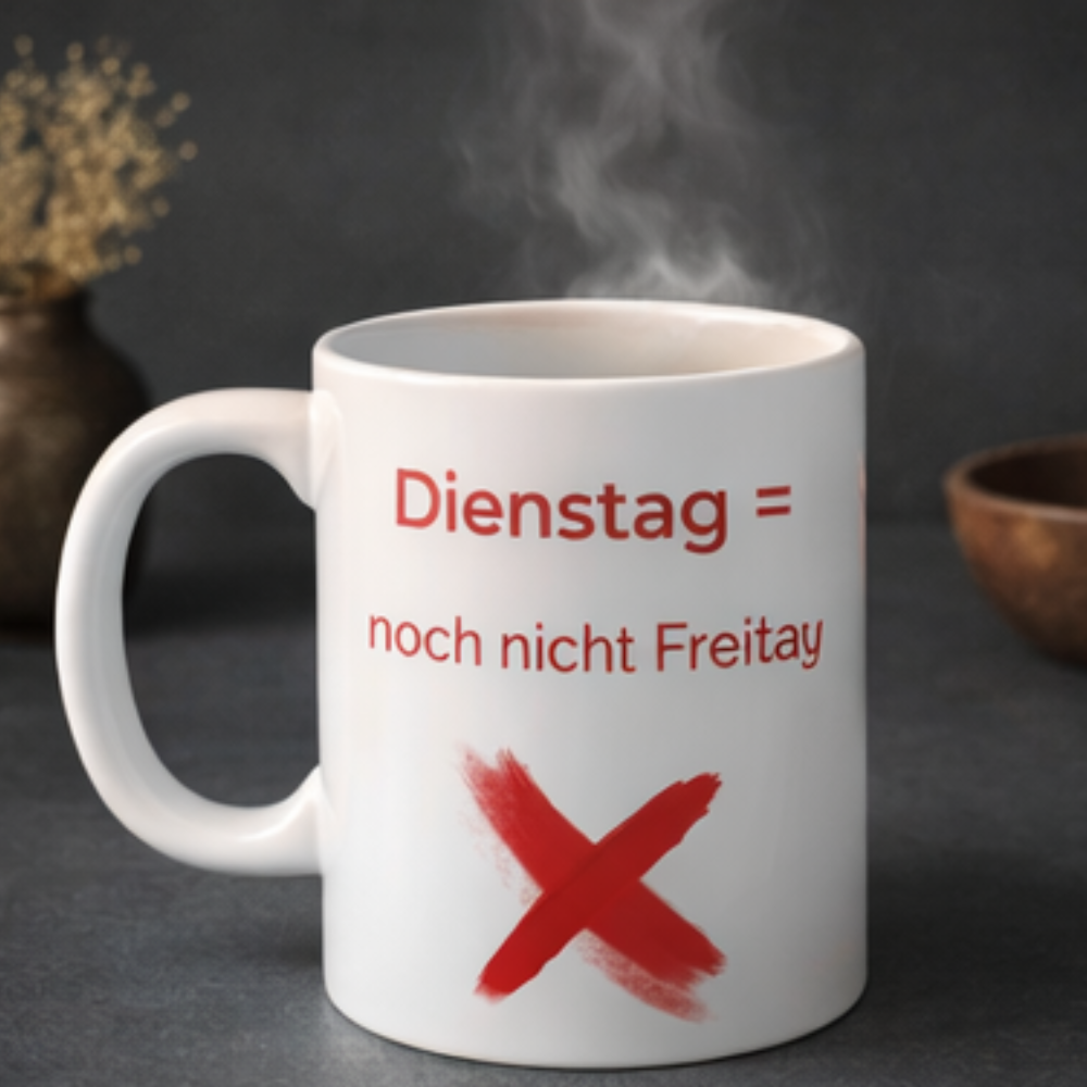 Weiße 300-ml-Keramiktasse mit dem humorvollen Spruch „Dienstag = noch nicht Freitag“ und einem roten X als witziges Büro- und Homeoffice-Geschenk.
