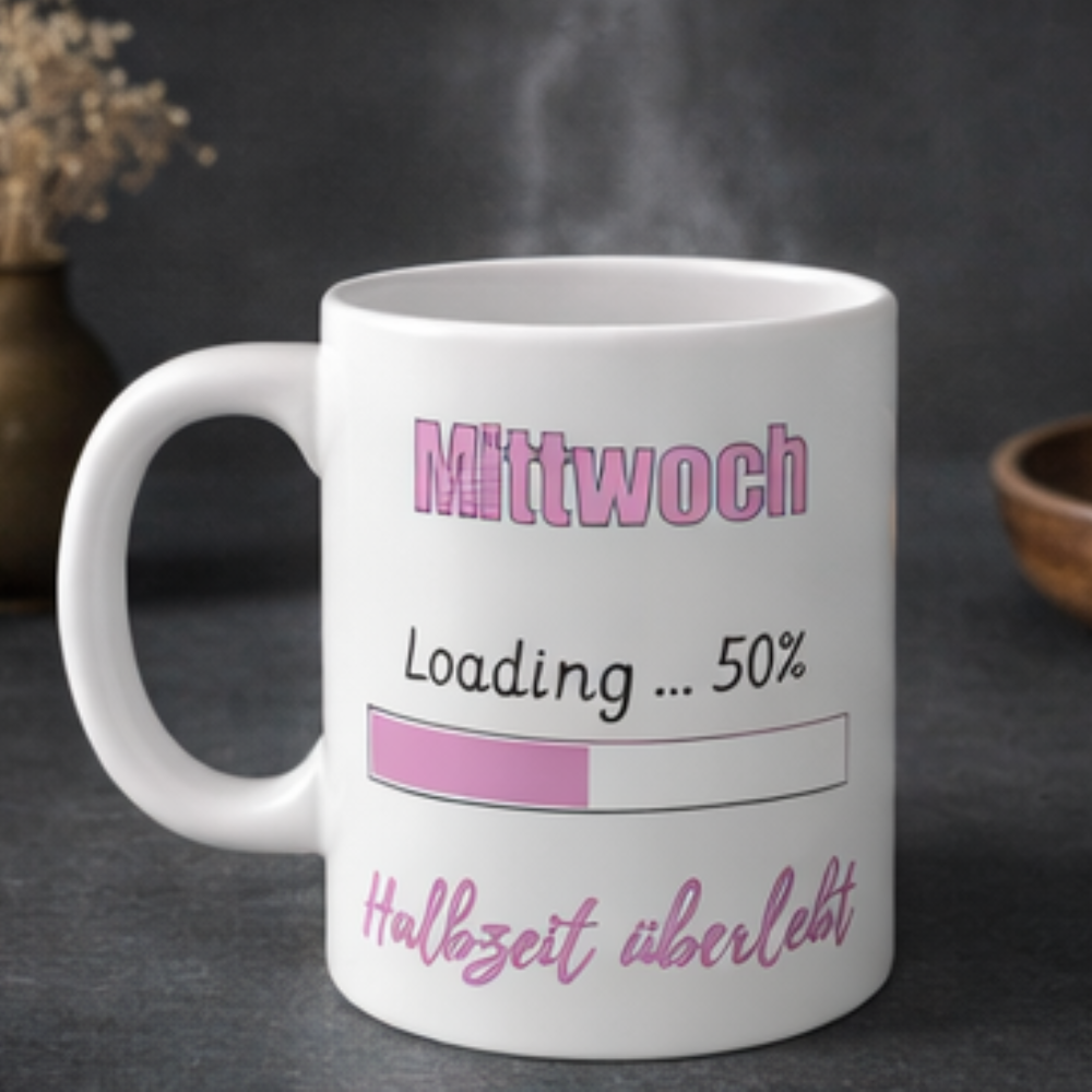 Weiße 300-ml-Keramiktasse mit dem Spruch „Mittwoch – Halbzeit überlebt“ und einem 50-Prozent-Ladebalken – lustige Bürotasse für die Wochenmitte.