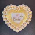 Bubbel Tablett Herz „Mit Liebe“ – Handgefertigtes Einzelstück mit Servietten-Technik & Goldglitzer – Dekotablett Herz ca. 13 x 11 cm