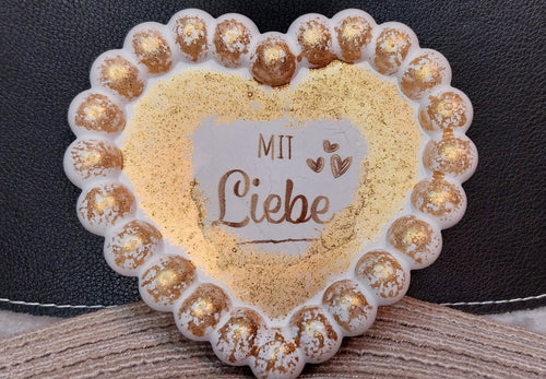 Bubbel Tablett Herz „Mit Liebe“ – Handgefertigtes Einzelstück mit Servietten-Technik & Goldglitzer – Dekotablett Herz ca. 13 x 11 cm