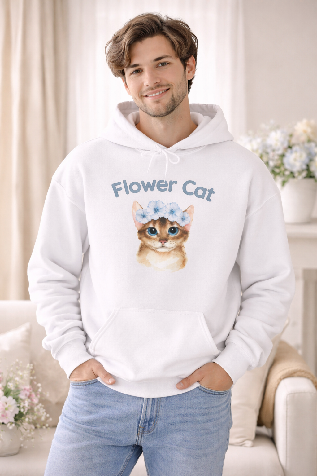 Flower Cat Hoodie – Katzen Hoodie mit Blumenkranz | Süßer Katzenpullover Unisex | Geschenk für Katzenliebhaber | Hoodie Damen & Herren