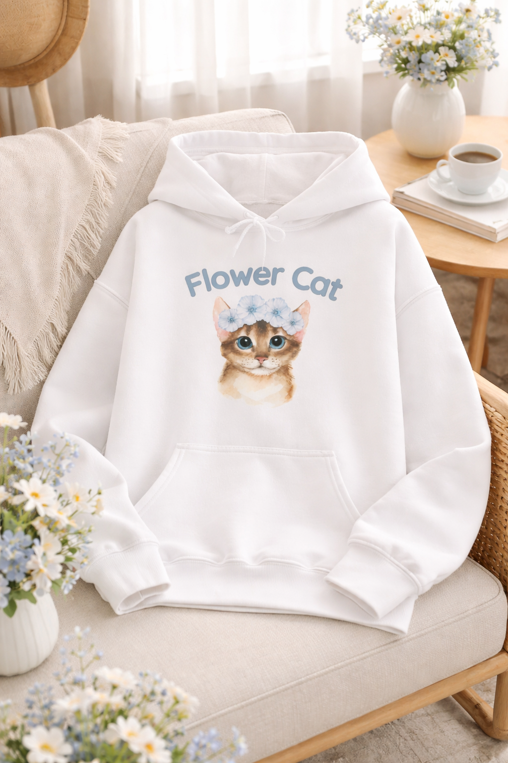 Flower Cat Hoodie – Katzen Hoodie mit Blumenkranz | Süßer Katzenpullover Unisex | Geschenk für Katzenliebhaber | Hoodie Damen & Herren