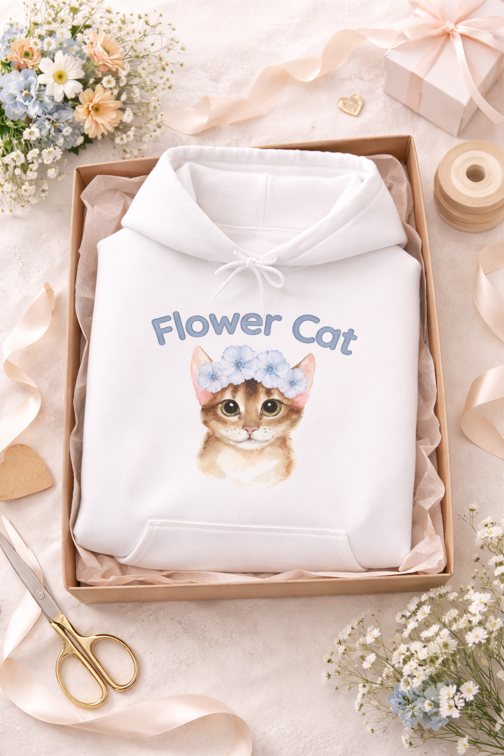 Flower Cat Hoodie – Katzen Hoodie mit Blumenkranz | Süßer Katzenpullover Unisex | Geschenk für Katzenliebhaber | Hoodie Damen & Herren