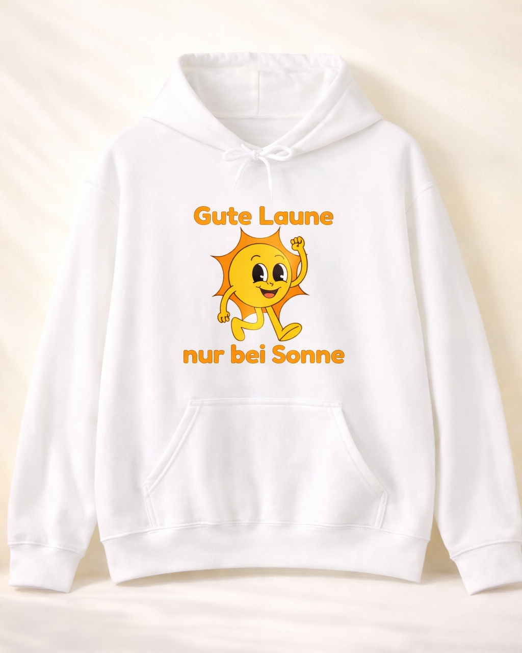 Weißer oder aschgrauer Unisex Hoodie mit dem Spruch „Gute Laune nur bei Sonne“ und fröhlichem Sonnenmotiv für Sommerfans und Sonnenliebhaber.