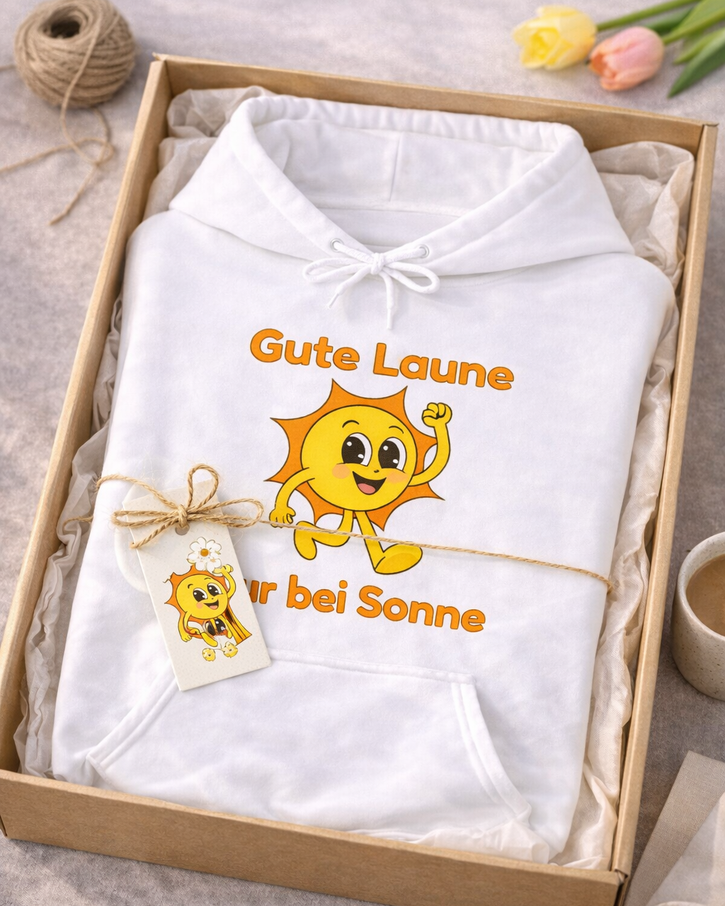 Weißer oder aschgrauer Unisex Hoodie mit dem Spruch „Gute Laune nur bei Sonne“ und fröhlichem Sonnenmotiv für Sommerfans und Sonnenliebhaber.