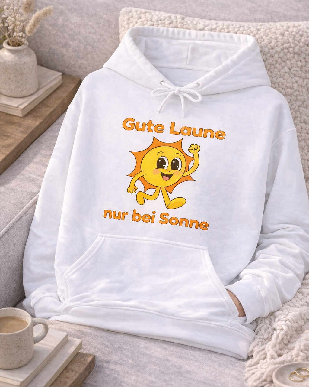 Weißer oder aschgrauer Unisex Hoodie mit dem Spruch „Gute Laune nur bei Sonne“ und fröhlichem Sonnenmotiv für Sommerfans und Sonnenliebhaber.