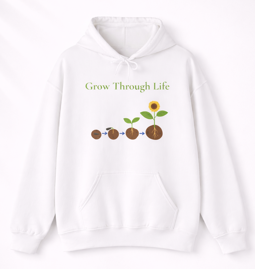 Weißer oder schwarzer Unisex Hoodie mit dem Schriftzug „Grow Through Life“ und einer Illustration vom Samen bis zur blühenden Sonnenblume als Symbol für persönliches Wachstum.