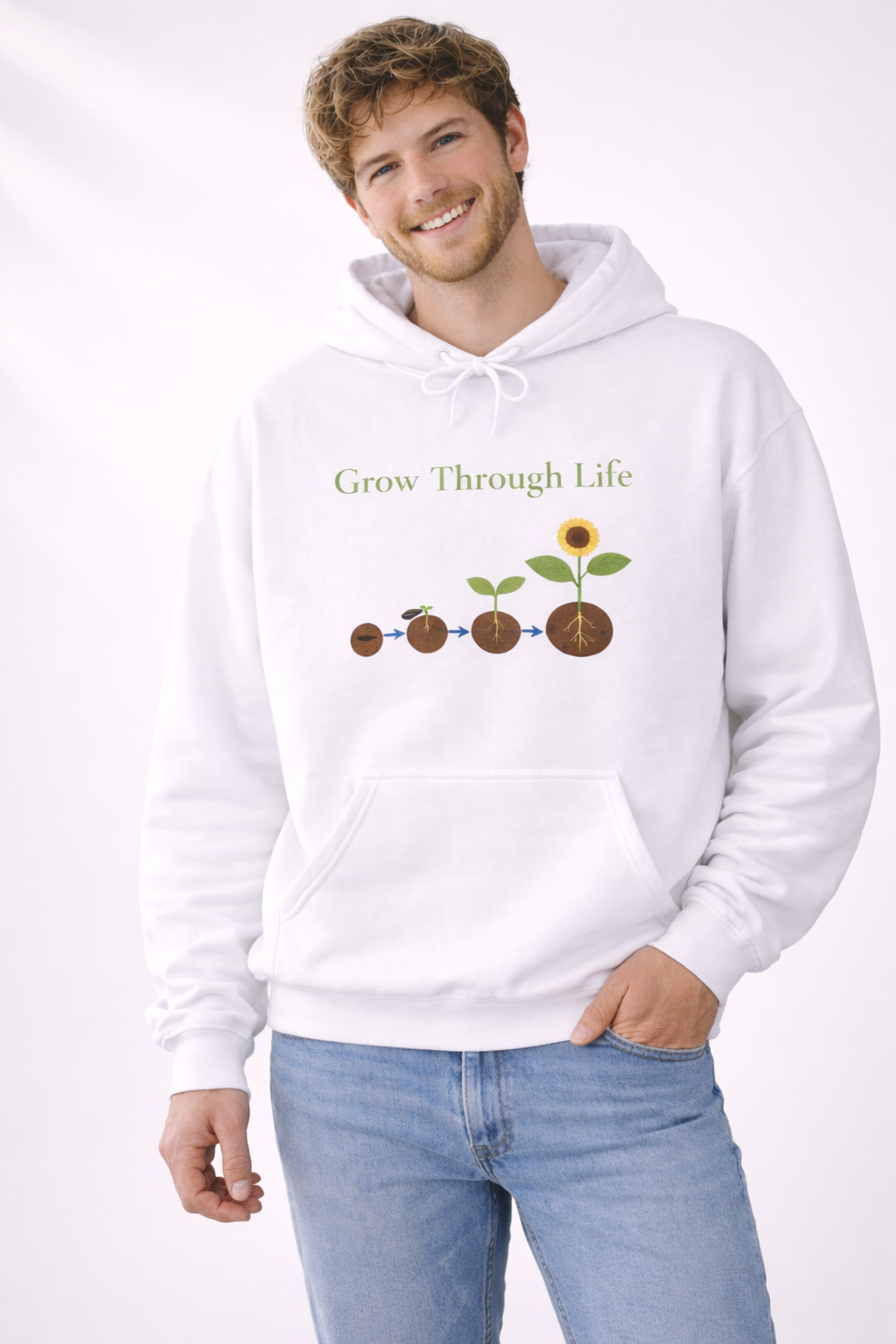 Weißer oder schwarzer Unisex Hoodie mit dem Schriftzug „Grow Through Life“ und einer Illustration vom Samen bis zur blühenden Sonnenblume als Symbol für persönliches Wachstum.