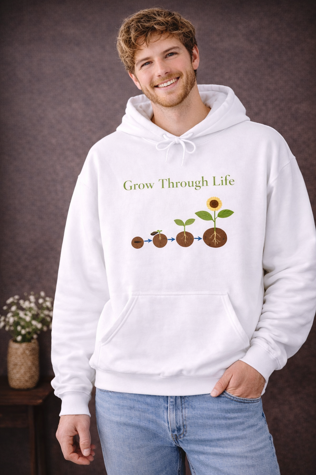 Weißer oder schwarzer Unisex Hoodie mit dem Schriftzug „Grow Through Life“ und einer Illustration vom Samen bis zur blühenden Sonnenblume als Symbol für persönliches Wachstum.