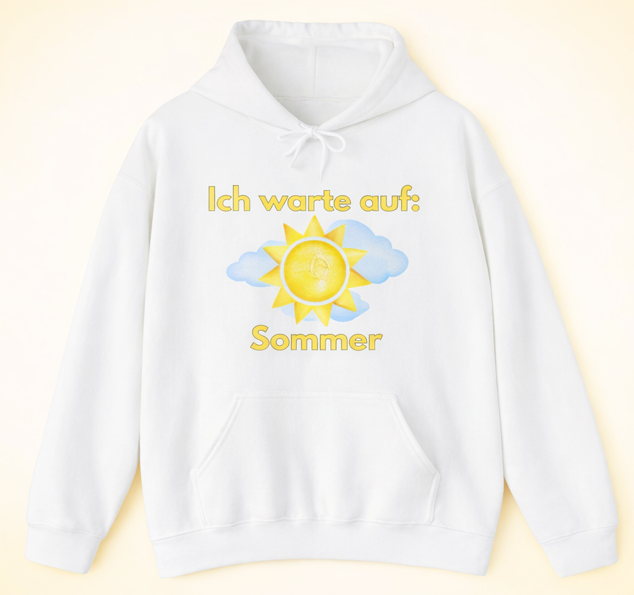Weißer oder navyblauer Unisex Hoodie mit dem Spruch „Ich warte auf Sommer“ und Sonnenmotiv für Sommerliebhaber, Urlauber und Sonnenfans.