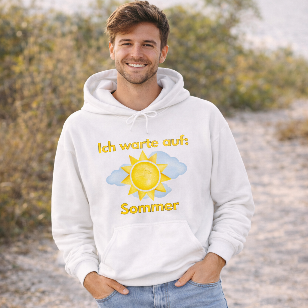 Weißer oder navyblauer Unisex Hoodie mit dem Spruch „Ich warte auf Sommer“ und Sonnenmotiv für Sommerliebhaber, Urlauber und Sonnenfans.