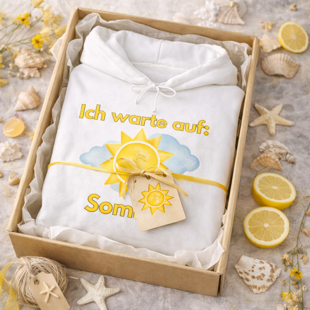 Weißer oder navyblauer Unisex Hoodie mit dem Spruch „Ich warte auf Sommer“ und Sonnenmotiv für Sommerliebhaber, Urlauber und Sonnenfans.