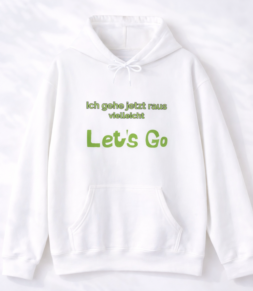 Weißer oder dunkelgrauer Unisex Hoodie mit dem humorvollen Spruch „Ich gehe jetzt raus ... vielleicht“ als lustige Geschenkidee für Introvertierte und Couch-Liebhaber.